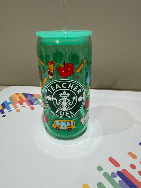 Teacher Starbucks glass tumbler in green tint